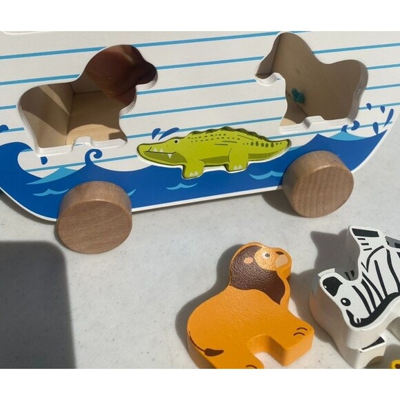 Wooden Noah's Ark Pull Toy Boat Animal Shape Sorter Painted Bible Story Toddler - Picture 15 of 16